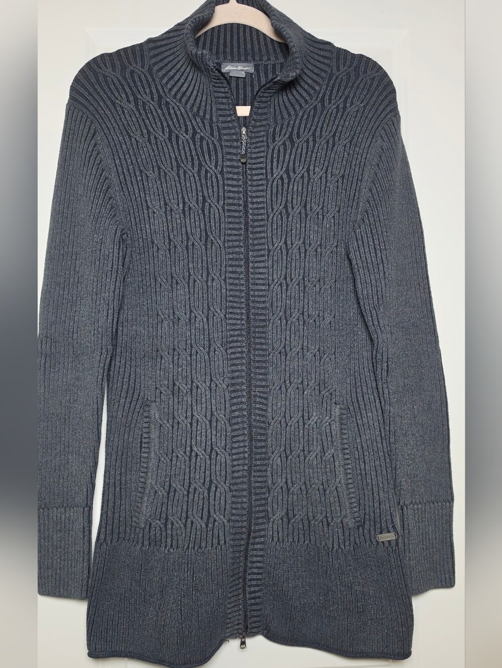 Eddie Bauer Women’s L Long Cable Knit Full Zip Cardigan Sweater Cotton Gray - Picture 2 of 14